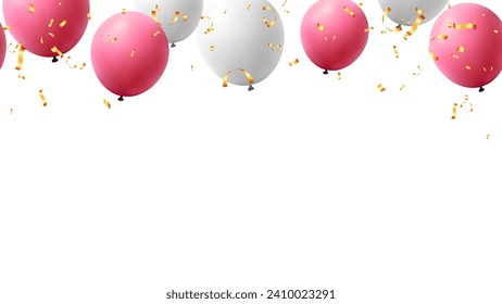 Cartel, tarjeta, plantilla de marco con globo y confeti San Valentín, cumpleaños, aniversario y boda
