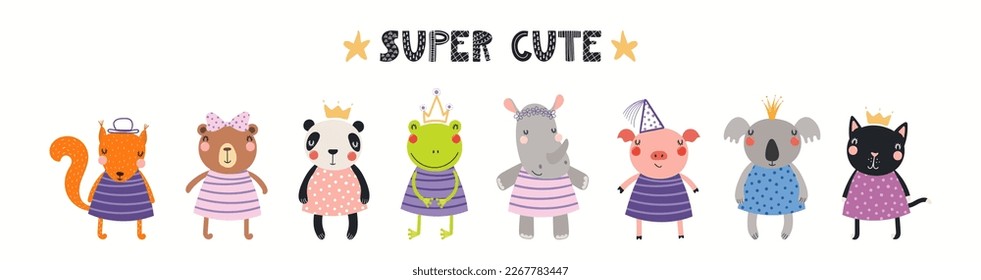 Banner, card with funny animal girls, little princesses, quote Super cute, isolated on white. Hand drawn vector illustration. Scandinavian style flat design. Concept for kids fashion, textile print