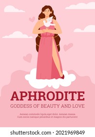 Banner or card with greek goddess of love and beauty Aphrodite on pink background, flat vector illustration. Olympian Greek and Roman mythology Aphrodite or Venus.