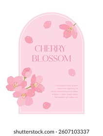 Banner, card, invitation, board, frame illustration with cherry blossom illustration in arched frame with spring concept.