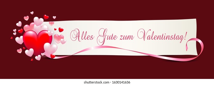 Banner with card and many hearts for Valentine's Day,
text in German „Alles Gute zum Valentinstag“ translated „Happy Valentine's Day“, Vector illustration isolated on red background
