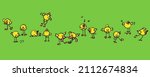 banner or card with a pack of crazy yellow chicks with humor and emotions_green background