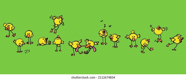 banner or card with a pack of crazy yellow chicks with humor and emotions_green background