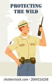 Banner or card for ranger squad protecting wild nature. National nature reserve or forest park guards or rangers advertising banner, flat vector illustration.