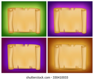 Banner, card set with empty paper scroll on colorful background. Blank vector ancient scroll of parchment wallpaper. Poster or brochure for your design.