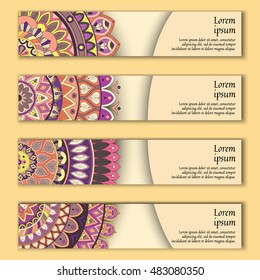 Banner card set with floral colorful decorative mandala elements background. Tribal,ethnic,Indian, Islam, Arabic, ottoman motifs.