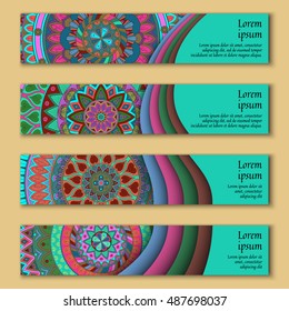 Banner card set with floral colorful decorative mandala elements background. Tribal,ethnic,Indian, Islam, Arabic, ottoman motifs.