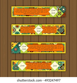 Banner card set with floral colorful decorative tile elements background. Tribal,ethnic,Indian, Islam, Arabic, ottoman motifs.