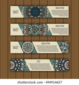 Banner card set with floral colorful decorative mandala elements background. Tribal,ethnic,Indian, Islam, Arabic, ottoman motifs.
