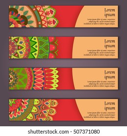 Banner card set with floral colorful decorative mandala elements background. Tribal,ethnic,Indian, Islam, Arabic, ottoman motifs.