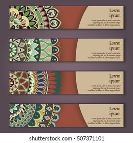 Banner card set with floral colorful decorative mandala elements background. Tribal,ethnic,Indian, Islam, Arabic, ottoman motifs.