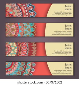 Banner card set with floral colorful decorative mandala elements background. Tribal,ethnic,Indian, Islam, Arabic, ottoman motifs.