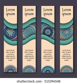 Banner card set with floral colorful decorative mandala elements background. Tribal,ethnic,Indian, Islam, Arabic, ottoman motifs.