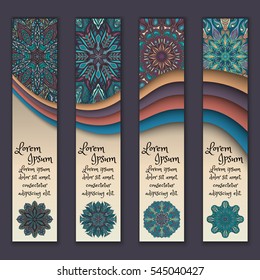Banner card set with floral colorful decorative mandala elements background. Tribal, ethnic, Indian, Islam, Arabic, ottoman motifs.