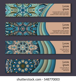 Banner card set with floral colorful decorative mandala elements background. Tribal, ethnic, Indian, Islam, Arabic, ottoman motifs.