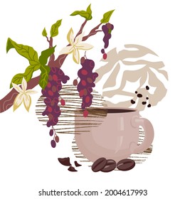 Banner or card template with coffee cup and branch of coffee tree,   flat vector illustration. Coffee drink in mug and beans for packaging, menu and cards decoration.