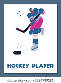 Banner or card template with hockey player for match or competition advertising in social media and web, cartoon flat vector illustration on white background.