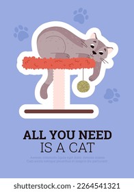Banner or card template for pets shop or shelter with cute playful cat character, flat vector illustration. Banner design for topic of adoption and care of pets.