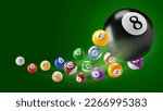 Banner or card template for Pool, Snooker or American billiards club. Ball with number 8 and other balls, flying above green background. Place for text. Vector 3d realistic illustration