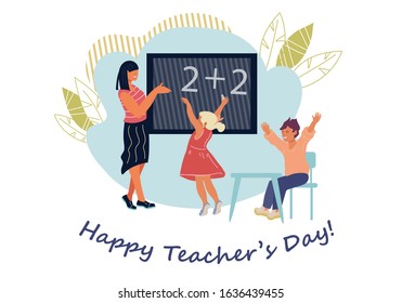 Banner or card template for Teachers Day with school children and teacher in classroom. Greeting for pedagogues and employees in educational industry holiday. Flat vector illustration isolated.