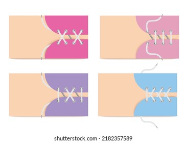 Banner or cards backdrop with boots lacing on pieces of color shoe leather, set of 3d realistic mockups vector illustration isolated on white background.