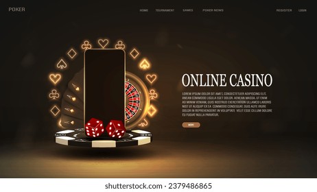 A banner with cards and dice for poker, a smartphone and roulette on a podium made of chips with a neon frame of hearts, spades, diamonds and crosses in black and gold. A concept for a casino.