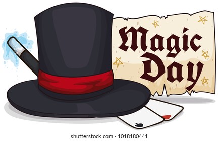 Banner with cards for tricks, magic wand and greeting message in scroll for Magic Day celebration.