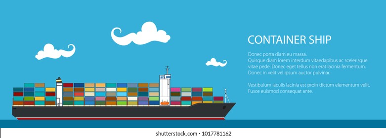 Banner with Cargo Container Ship , Industrial Marine Vessel with Containers on Board and Text, International Freight Transportation, Vector Illustration