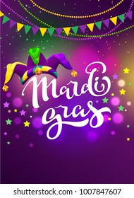 Banner for carnival mardi gras. Garland flag, handwritten text and clown cap symbol of masquerade. Vector cartoon illustration for party mardi gras fatty tuesday