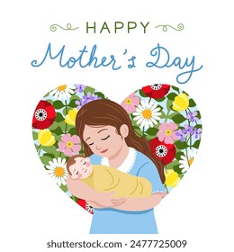 Banner of mother’s carrying a baby with background of flowers and leaves in heart shape and handwriting letters of “Mother’s Day” word for artwork design about mom, family and Mother’s Day.