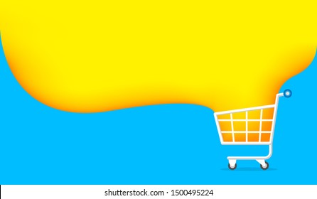 Banner Cart And Yellow Blue Copy Space For Shopping Online, Icon Cart On Banner Template Ad Sale, Basket Purchase In Online Shop, Trolley Cart Symbol Of Banner E-commerce, Cart Simple Flat Advertising