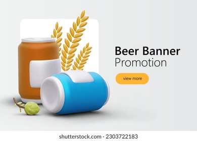 Banner with cartoon 3d beer cans in blue and orange colors. Realistic barley on background. Promotion for beverage factory website concept. Vector illustration