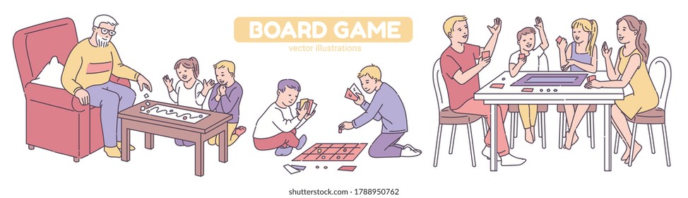 Banner with cartoon characters of adults and children playing board games or table games together, sketch vector illustration isolated on white background.