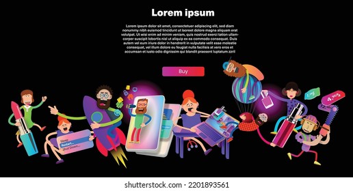 Banner with cartoon characters on a black background. Vector banner