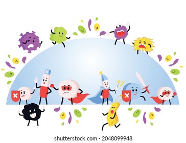 Banner with cartoon characters of pills and drugs fighting viruses and germs, flat vector illustration isolated on white background. Medical infographic for children.