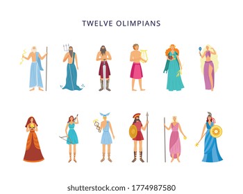 Banner with cartoon characters of twelve Olympians of Greek mythological pantheon gods and goddesses, flat vector illustration isolated on white background.