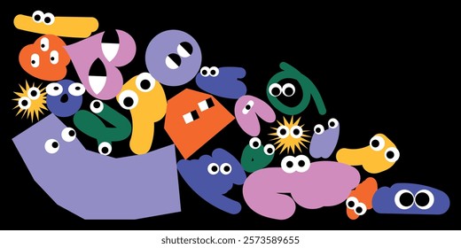 Banner with cartoon characters. Vector doodle elements. Festive and childish background.