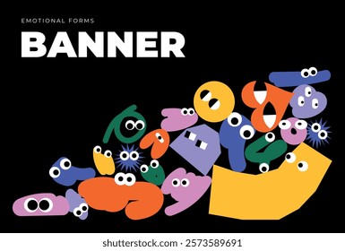 Banner with cartoon characters. Vector doodle elements. Festive and childish background.