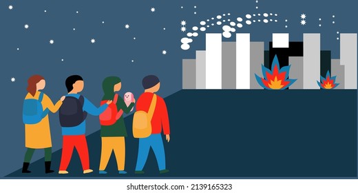 Banner with cartoon children who leave the city where the war is going on. flat vector illustration. Boys and girls in colorful clothes with backpacks. refugee problem.