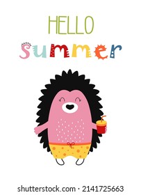 banner of cartoon cute animal with text hello summer, vector illustration in scandinavian style, flat design, concept for kids print
