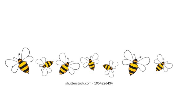 Banner with cartoon cute bee mascot. Merry bee with an empty table. Small wasp. Vector character. Insect icon. Holiday template design for greeting card, postcard, wallpaper, poster. Copy space.