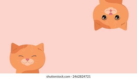 Banner with cartoon ginger cats. Emotional cat hanging upside down. Cute template. Vector illustration