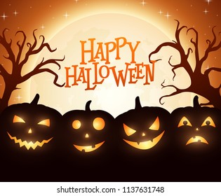 Banner Cartoon Halloween pumpkins on orange background