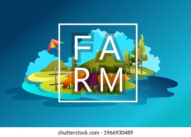 Banner cartoon illustration of pastures and meadows, countryside landscape, eco friendly farms with cows, vector