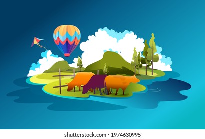 Banner cartoon illustration of pastures and meadows, countryside landscape, eco friendly farms with cows, vector