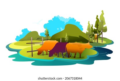 Banner cartoon illustration of pastures and meadows, countryside landscape, eco friendly farms with cows, vector