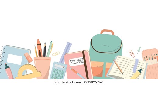 Banner with cartoon school supplies. Vector illustration. Isolated on white background. Design for poster, flyer, and web.