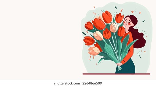 Banner with Cartoon style character girl holding a bouquet of tulips. Mother's Day and Women's day greeting card concept. Bouquet of fresh tulips in their hands. Gentle hugs mothers and daughters.