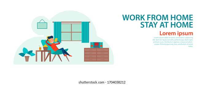 banner of cartoon version of working home and stay home with flat design