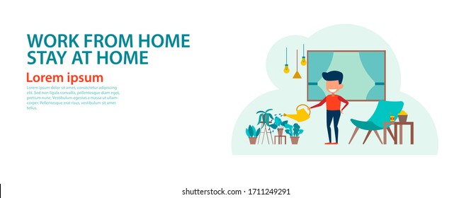 banner de la versión de caricatura del hogar de trabajo y permanecer en casa con diseño plano